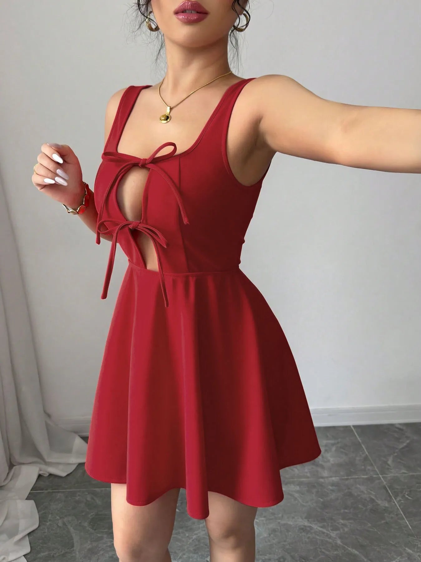 Tie Front Wide Strap Dress - Godess beauty 