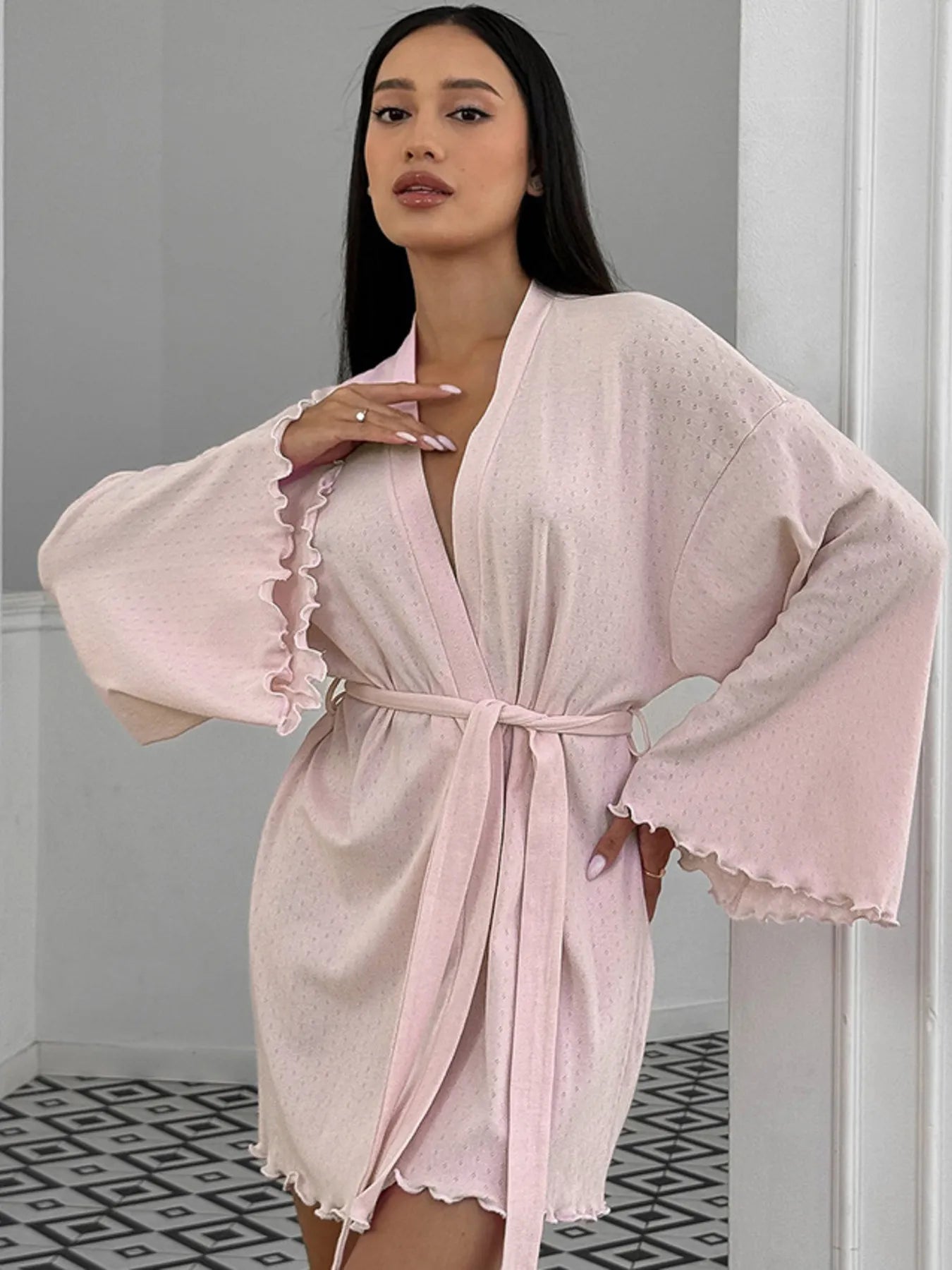 Tie Waist Kimono Sleeve Lounge Nightgown - Godess beauty 