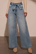 Tied Wide Leg Jeans with Pockets - Godess beauty 