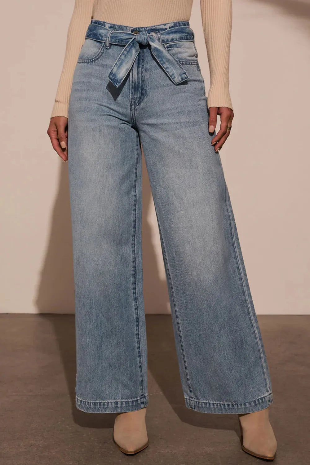 Tied Wide Leg Jeans with Pockets - Godess beauty 