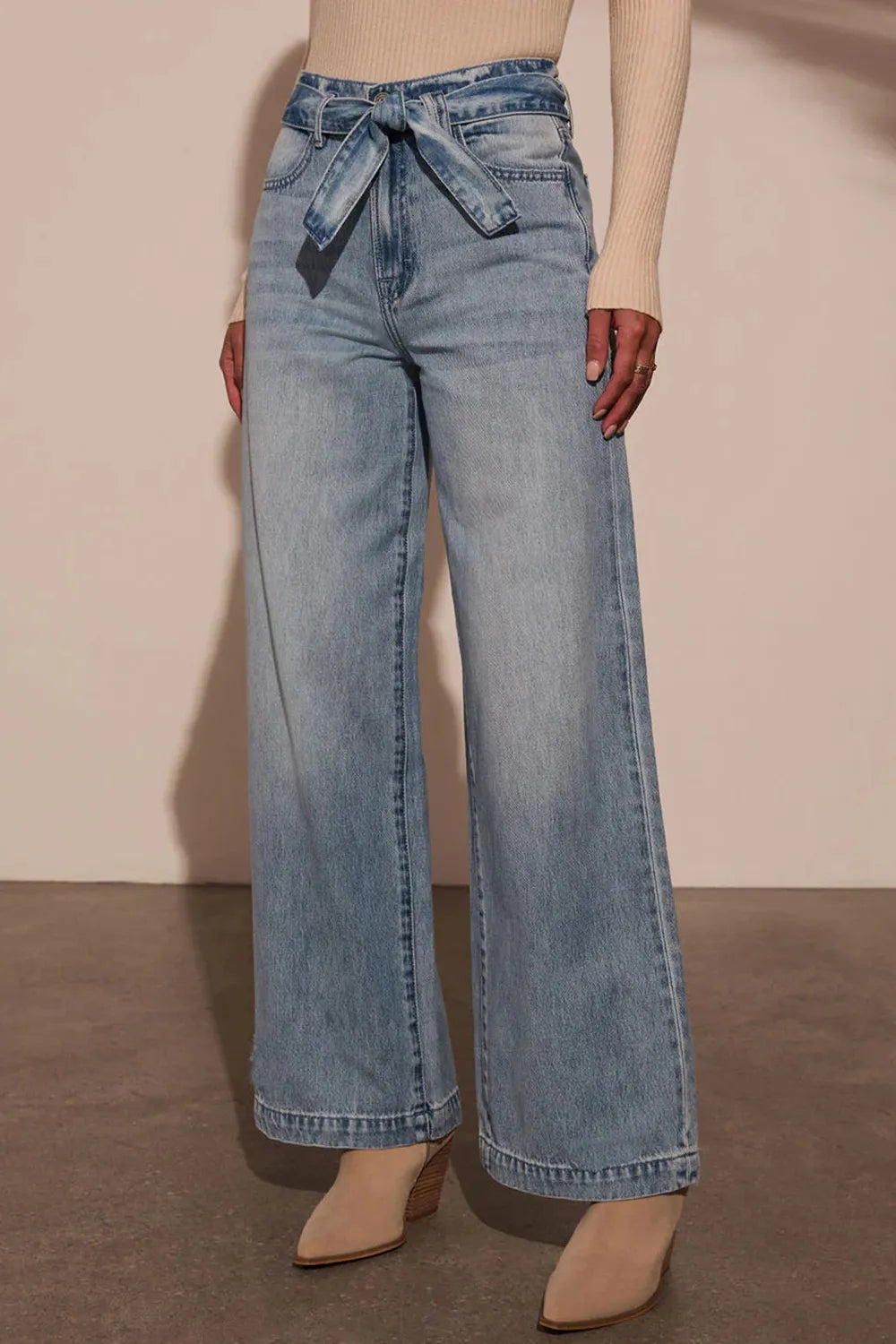 Tied Wide Leg Jeans with Pockets - Godess beauty 