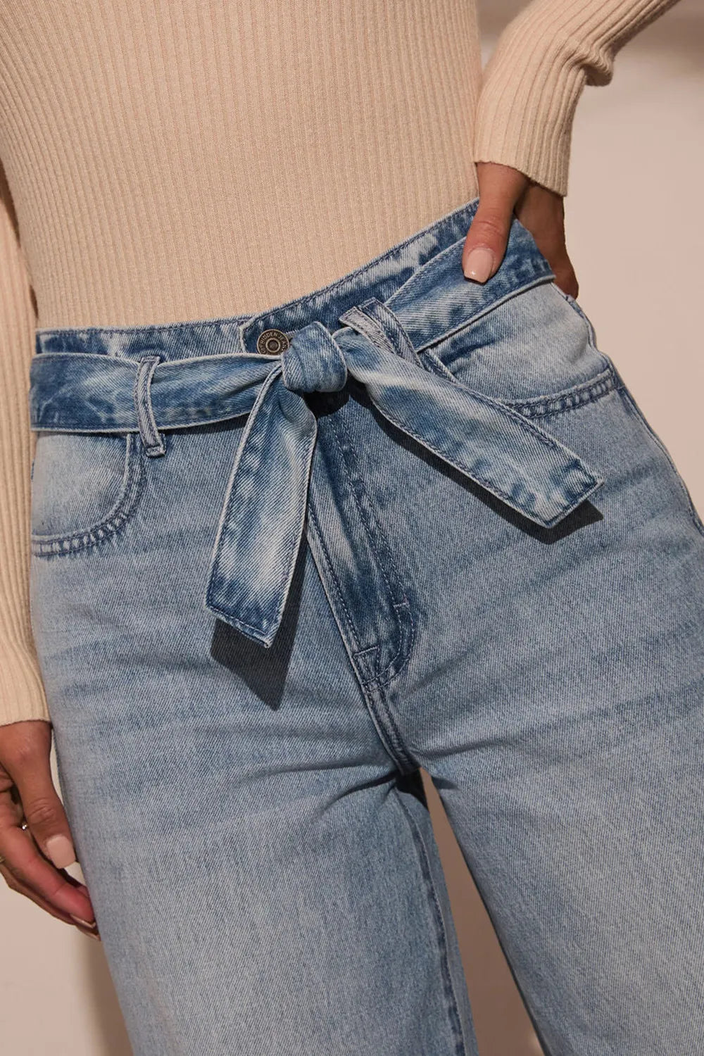 Tied Wide Leg Jeans with Pockets - Godess beauty 