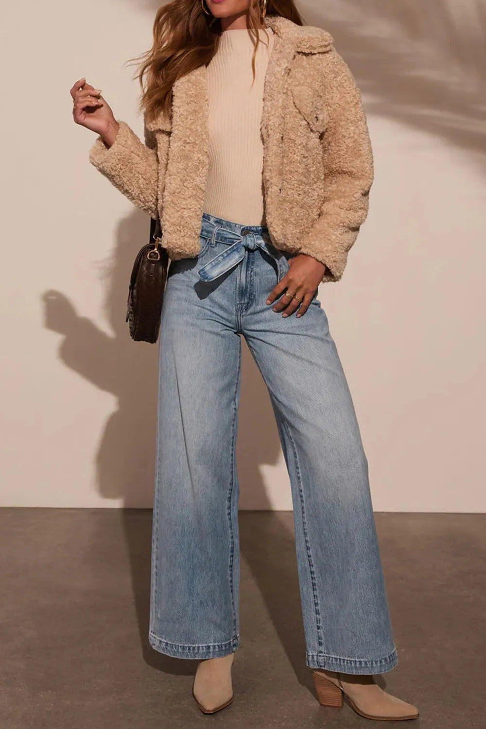 Tied Wide Leg Jeans with Pockets - Godess beauty 