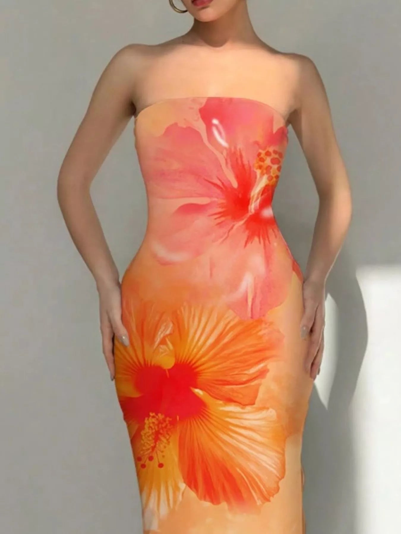 Tropical Flower Print Bodycon Tube Dress - Godess beauty 