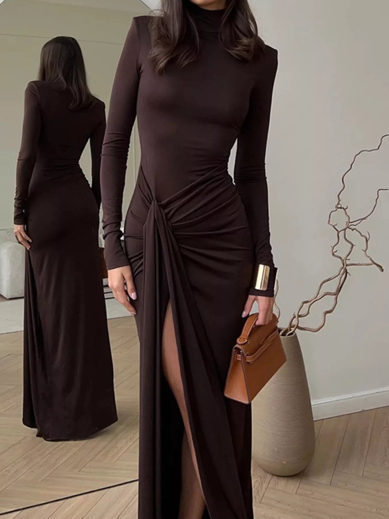 Turtleneck Long Sleeve Slit Maxi Dress - Godess beauty 