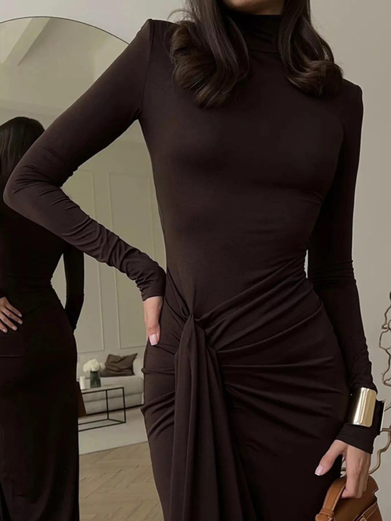 Turtleneck Long Sleeve Slit Maxi Dress - Godess beauty 