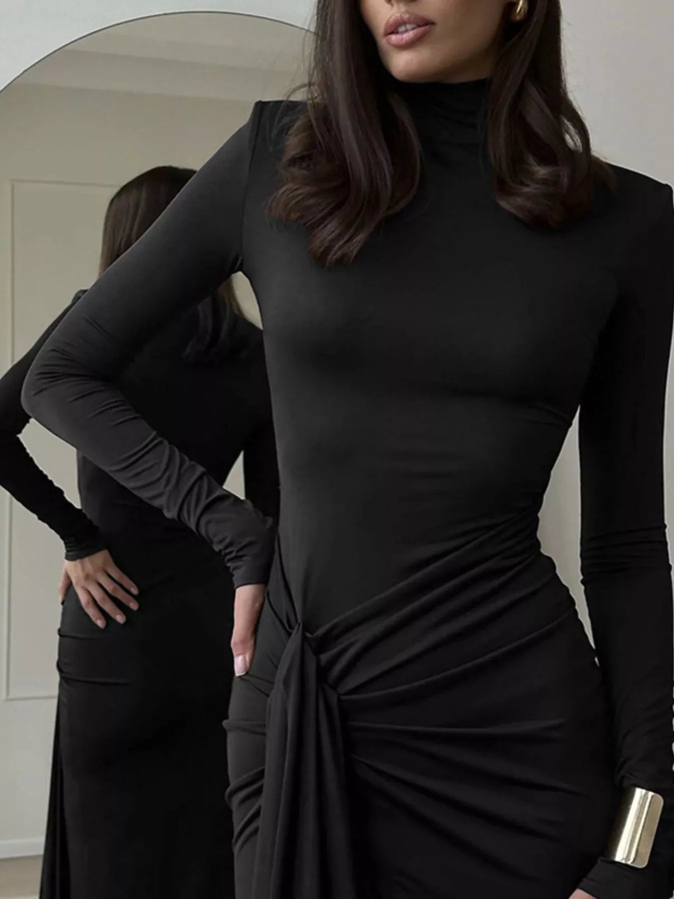 Turtleneck Long Sleeve Slit Maxi Dress - Godess beauty 