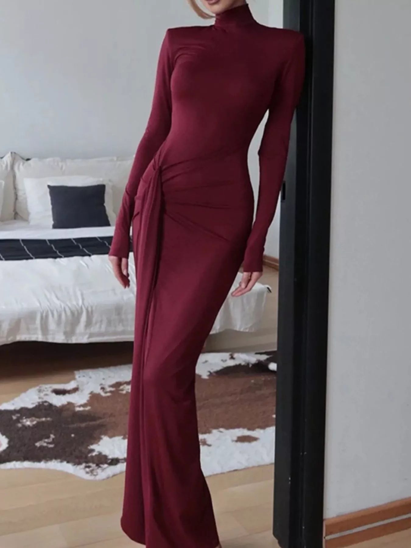 Turtleneck Long Sleeve Slit Maxi Dress - Godess beauty 