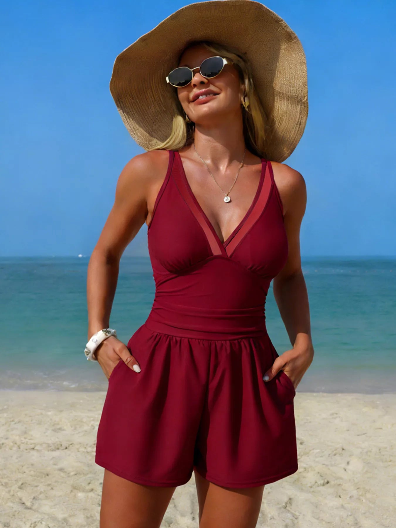 V-Neck One-Piece Swimsuit with Pockets - Godess beauty 