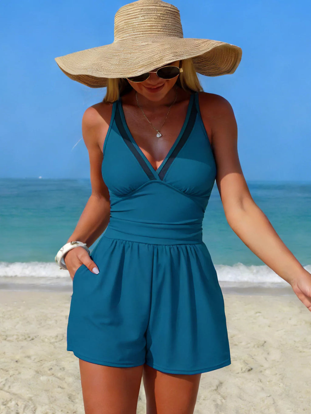 V-Neck One-Piece Swimsuit with Pockets - Godess beauty 