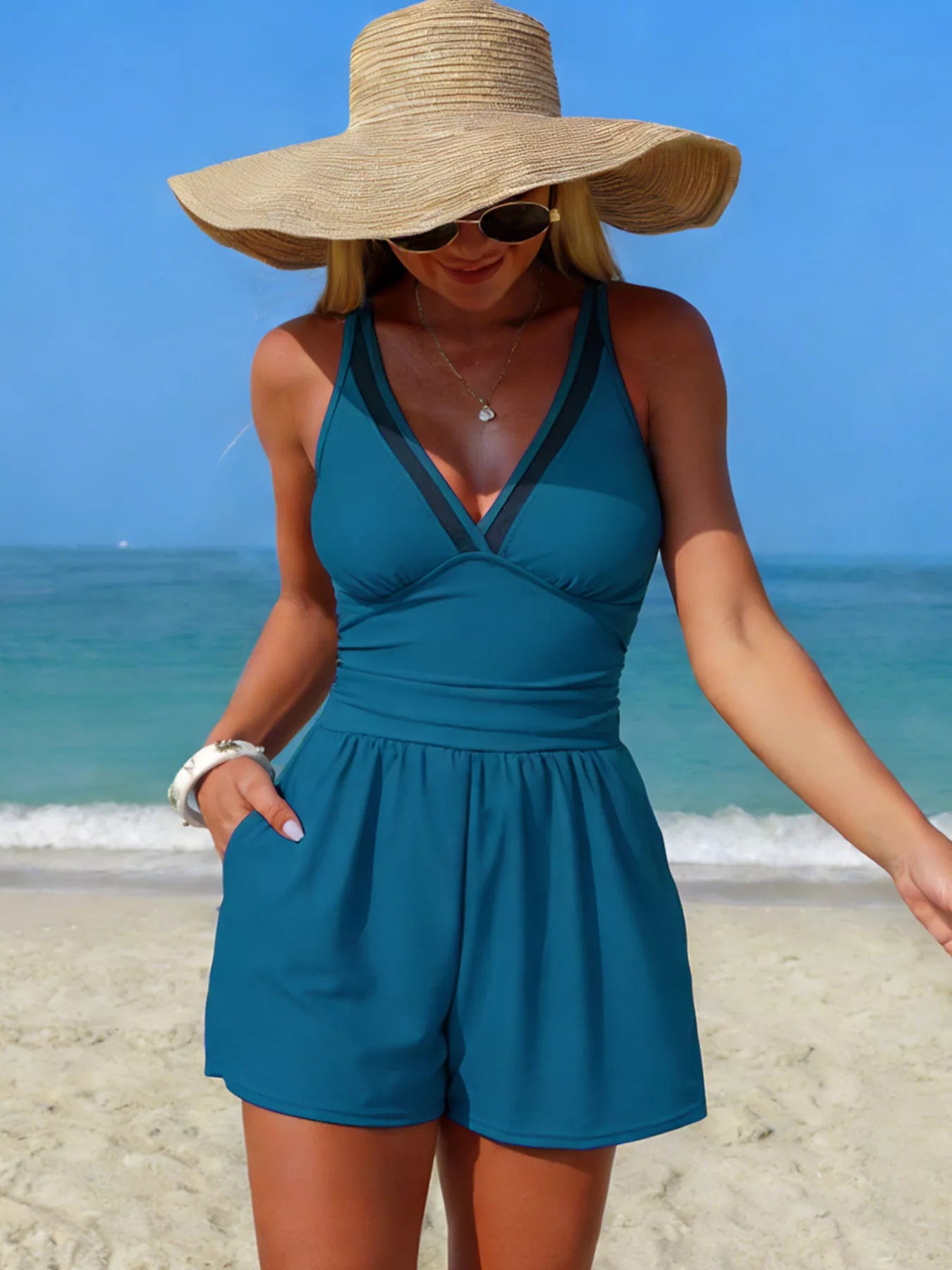 V-Neck One-Piece Swimsuit with Pockets - Godess beauty 