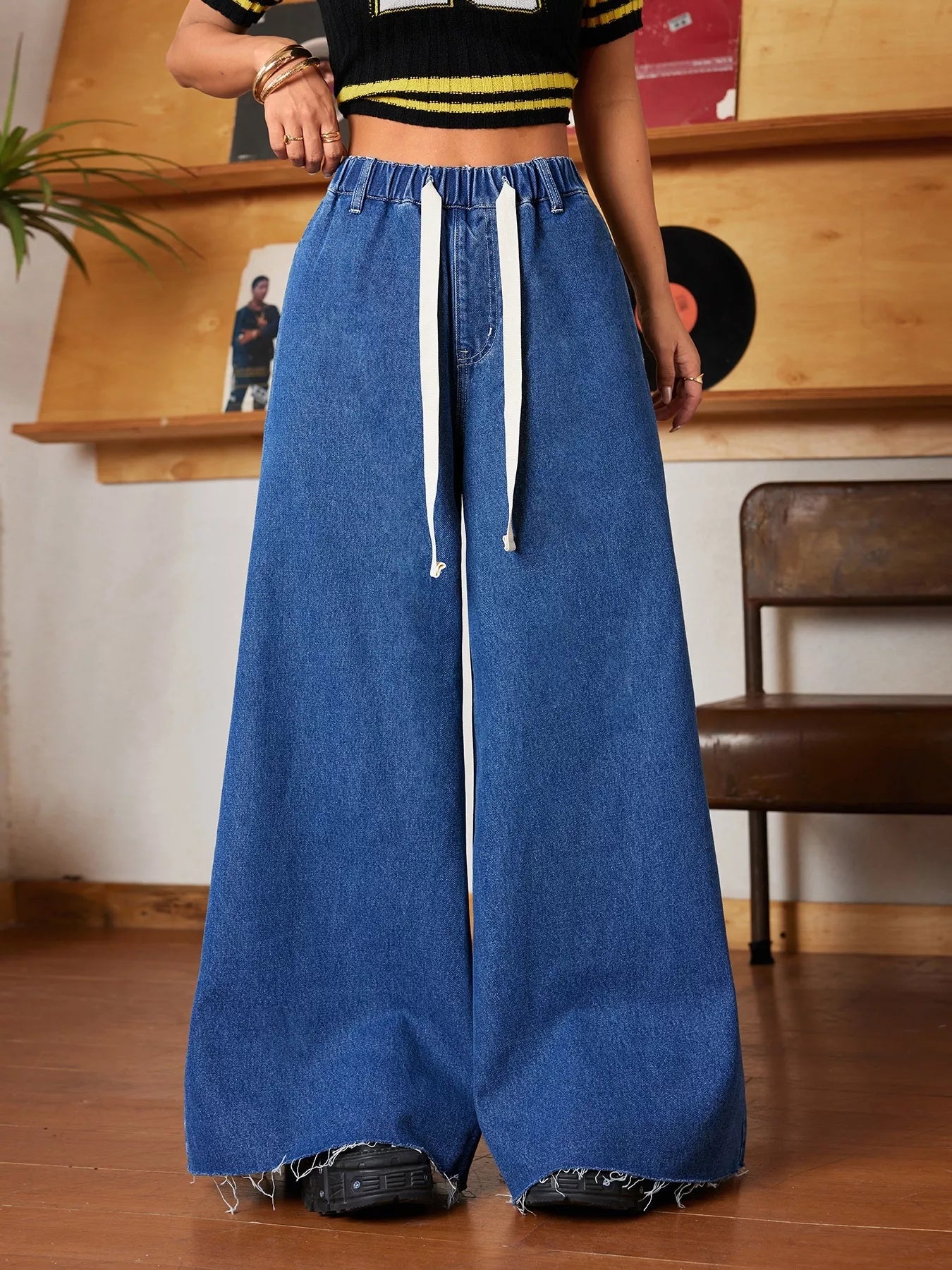 Wide Leg Drawstring Waist Ripped Hem Jeans - Godess beauty 