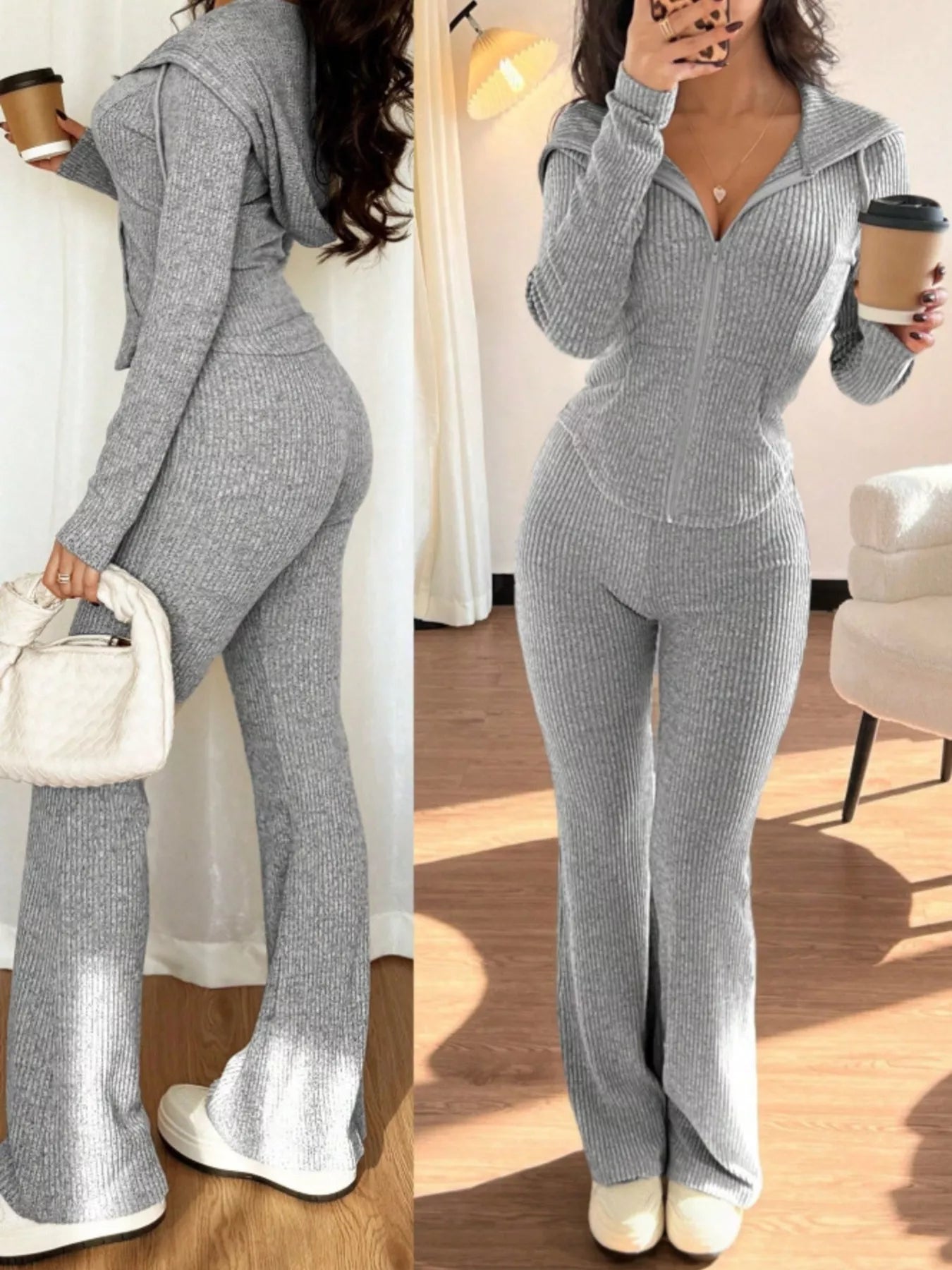 Zip Up Hooded Top and Pants Set - Godess beauty 