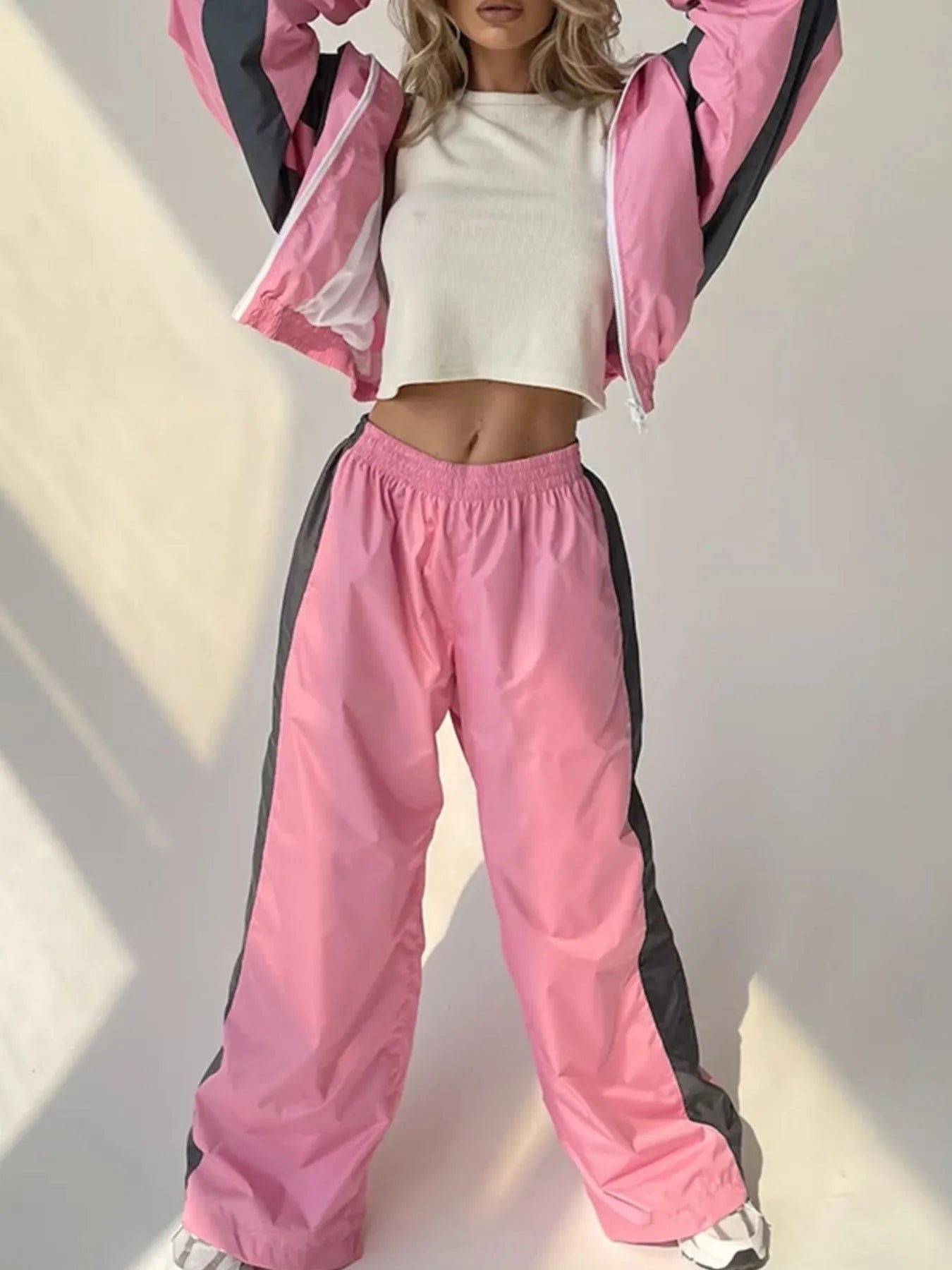 Zip Up Long Sleeve Top and Pants Set - Godess beauty 