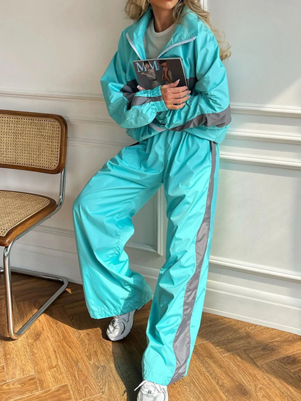 Zip Up Long Sleeve Top and Pants Set - Godess beauty 