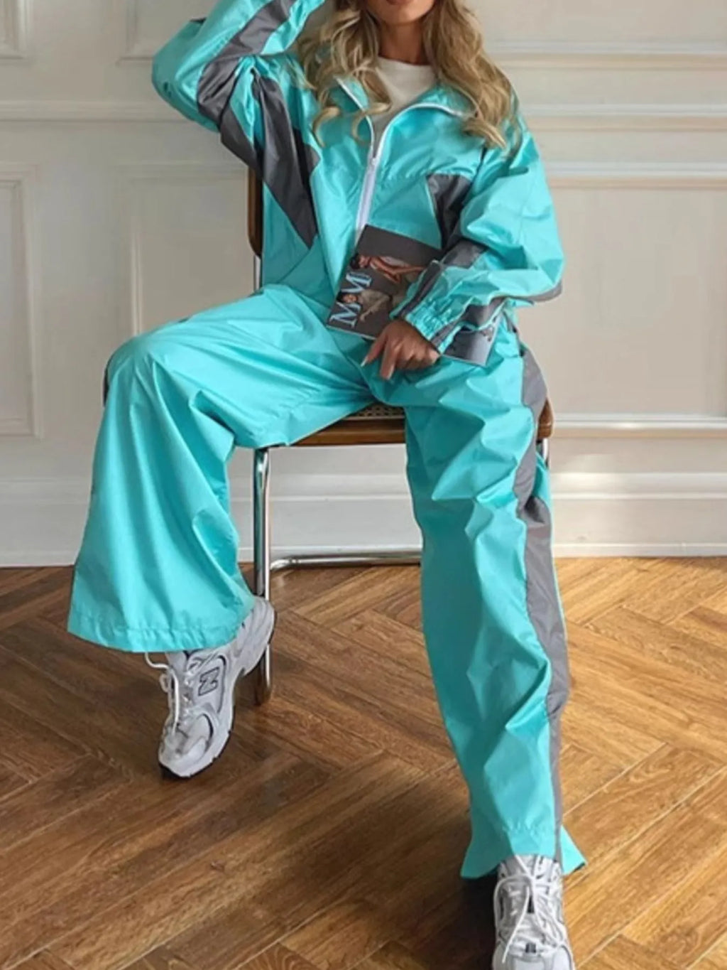 Zip Up Long Sleeve Top and Pants Set - Godess beauty 