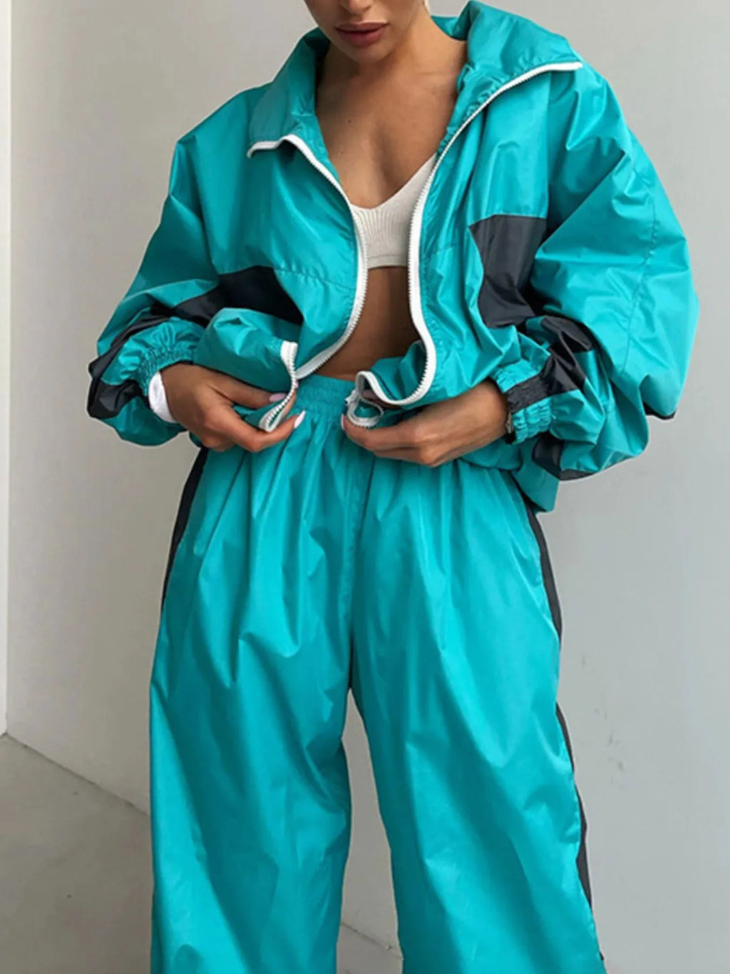 Zip Up Long Sleeve Top and Pants Set - Godess beauty 